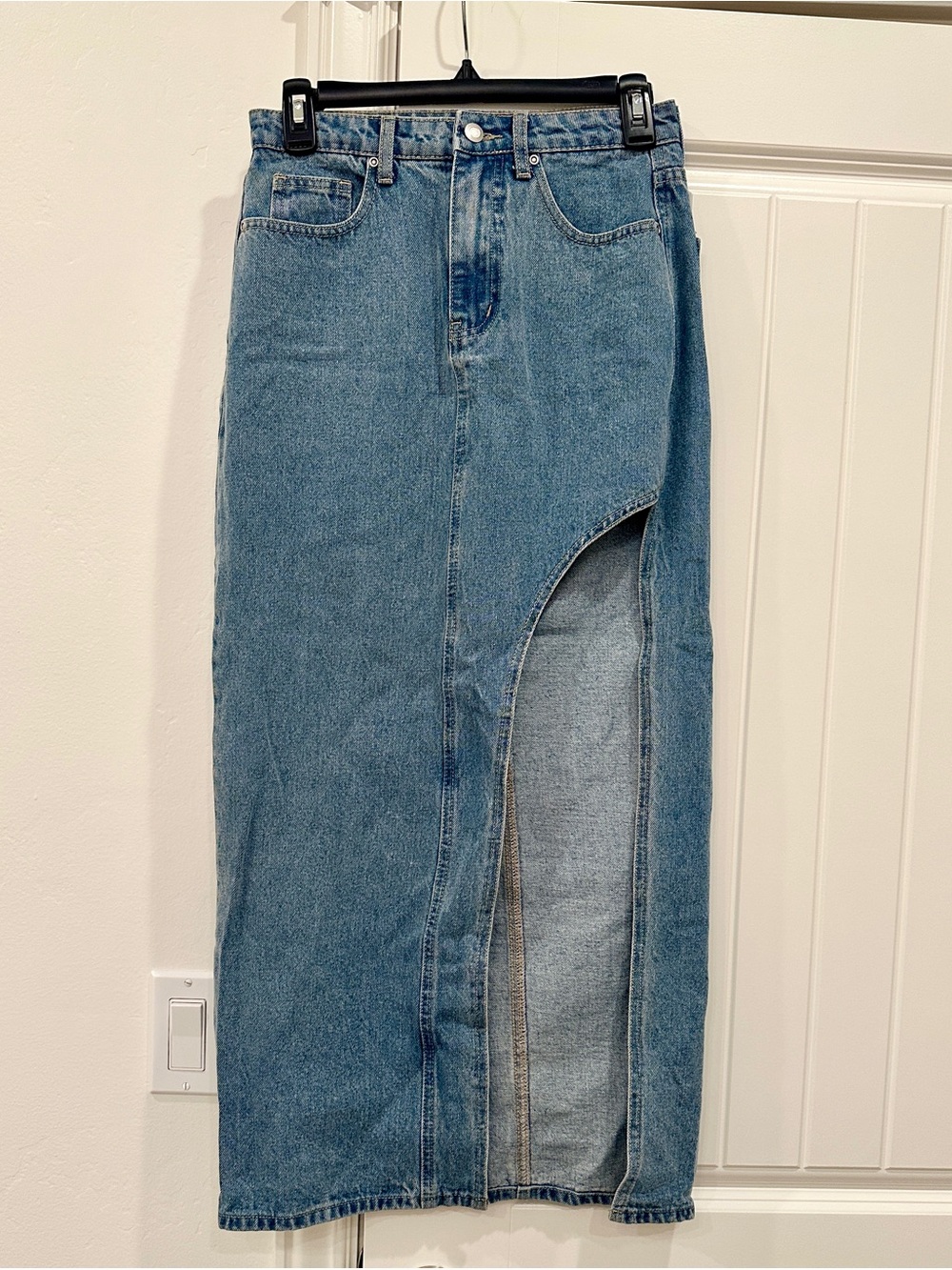 Boohoo Blue Denim Midi Skirt with High Side Slit